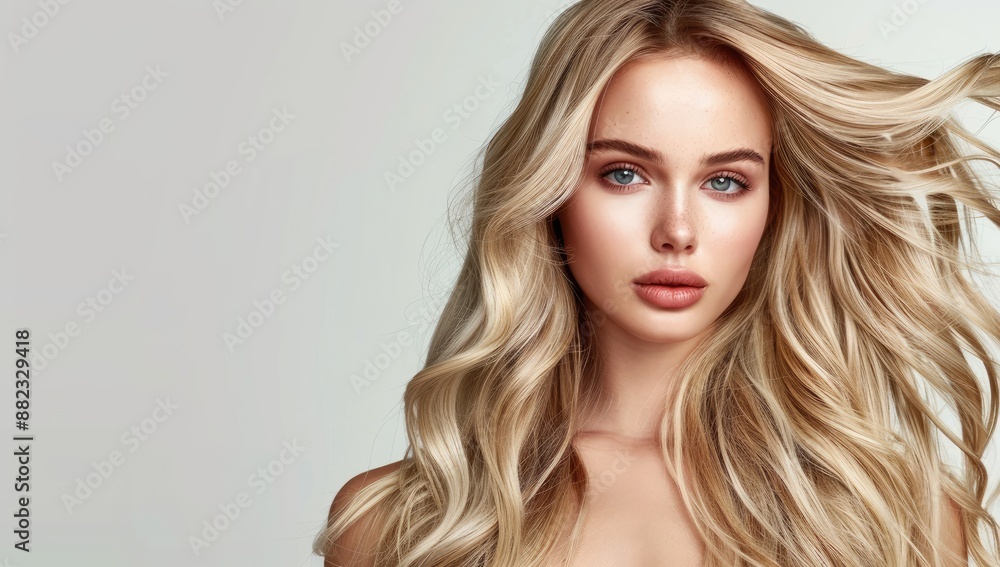 Fototapeta premium Cheerful young woman with healthy blonde wavy hair and clear skin on white