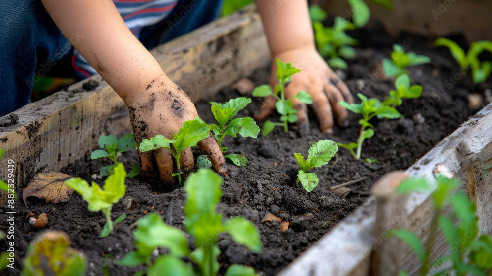 Child planting young seedlings in a garden bed, hands covered in soil, close-up Child planting young seedlings in a garden bed, hands covered in soil, close-up