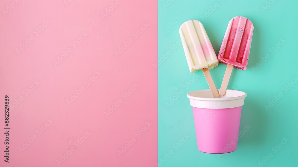 Ice popsicle ice cream in the bucket on pink and turquoise background