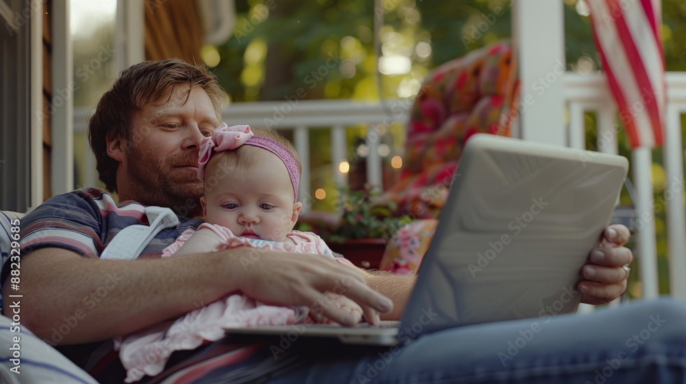 Obraz premium Father and baby bonding on porch, dad working on laptop while holding infant daughter, cozy family moment outdoors