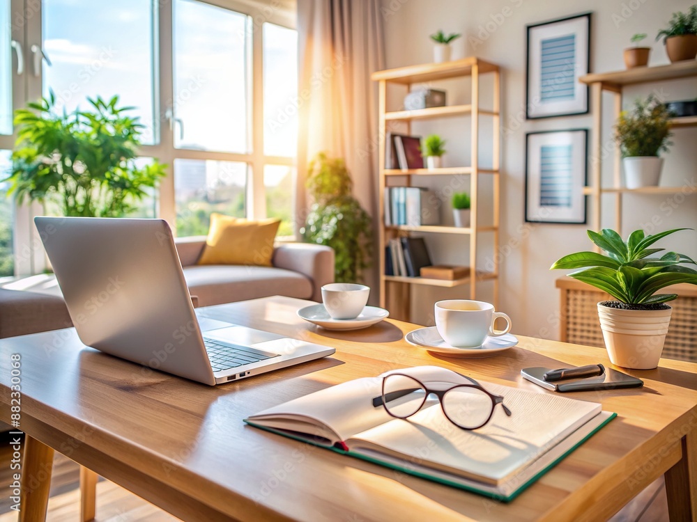 Cozy home office scene featuring a clutter-free table with documents, glasses, and a notebook, evoking a sense of comfort and focus in a peaceful environment. Cozy home office scene featuring a clutter-free table with documents, glasses, and a notebook, evoking a sense of comfort and focus in a peaceful environment.