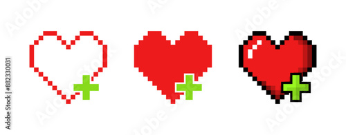 Pixel heart icons. Healing icons. Flat style. Vector icons.