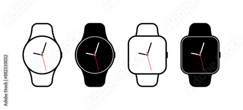 Hand watch Set Icons. Linear and Silhouette styles. Vector icons.