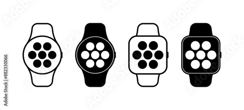 Fitness Watches Set Icons. Watch functions icons. Linear and Silhouette styles. Vector icons.