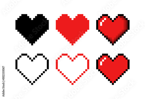 Pixel hearts set icons. Life Bar Icons. Flat style. Vector icons.