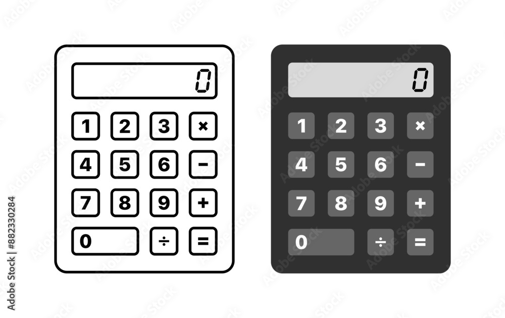 Calculator icons. Linear and Flat styles. Vector icons. Calculator icons. Linear and Flat styles. Vector icons.