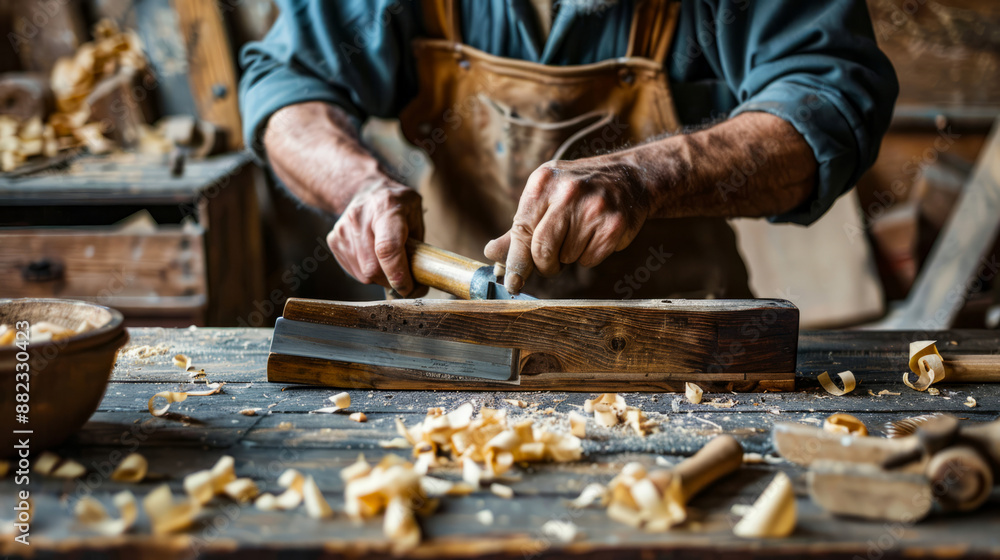 Skilled Carpenter Working with Hand Plane in Rustic Workshop, Crafting Wood with Precision and Care Skilled Carpenter Working with Hand Plane in Rustic Workshop, Crafting Wood with Precision and Care