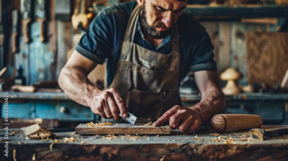 Skilled carpenter working with wood in a traditional workshop Skilled carpenter working with wood in a traditional workshop