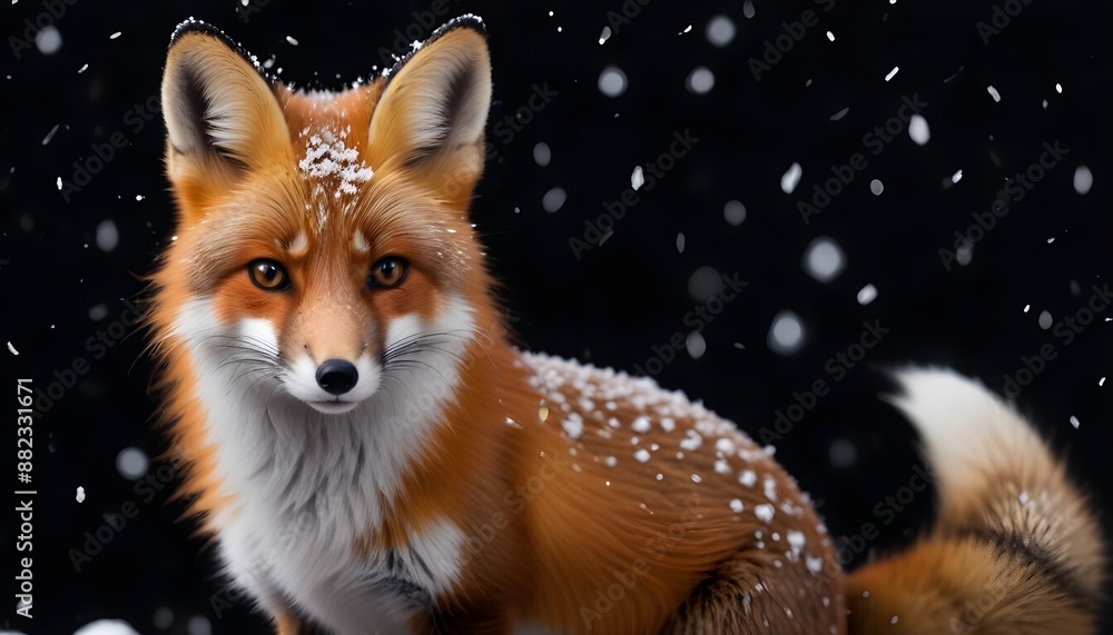 Fototapeta premium A beautiful little fox with dark black background while snowfall