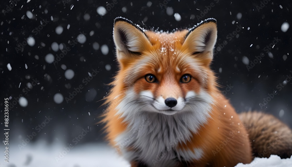 Fototapeta premium A beautiful little fox with dark black background while snowfall