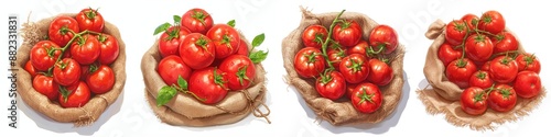 Four burlap sacks filled with fresh red tomatoes arranged in a neat row on a white background, showcasing vibrant and ripe produce.