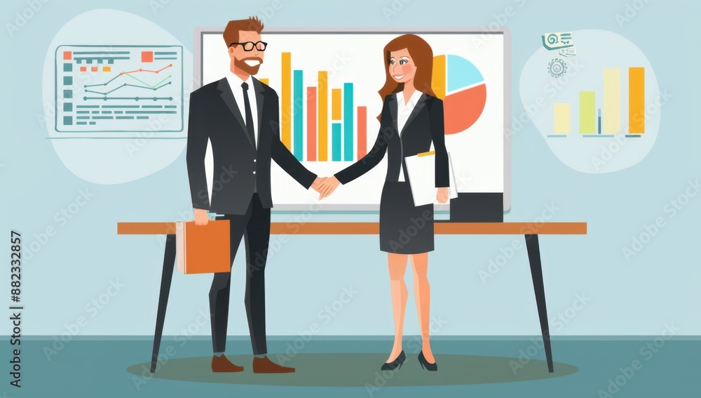 Visualize the moment when two professional individuals stand at an office table holding each other's hand while smiling happily Generative AI Visualize the moment when two professional individuals stand at an office table holding each other's hand while smiling happily Generative AI