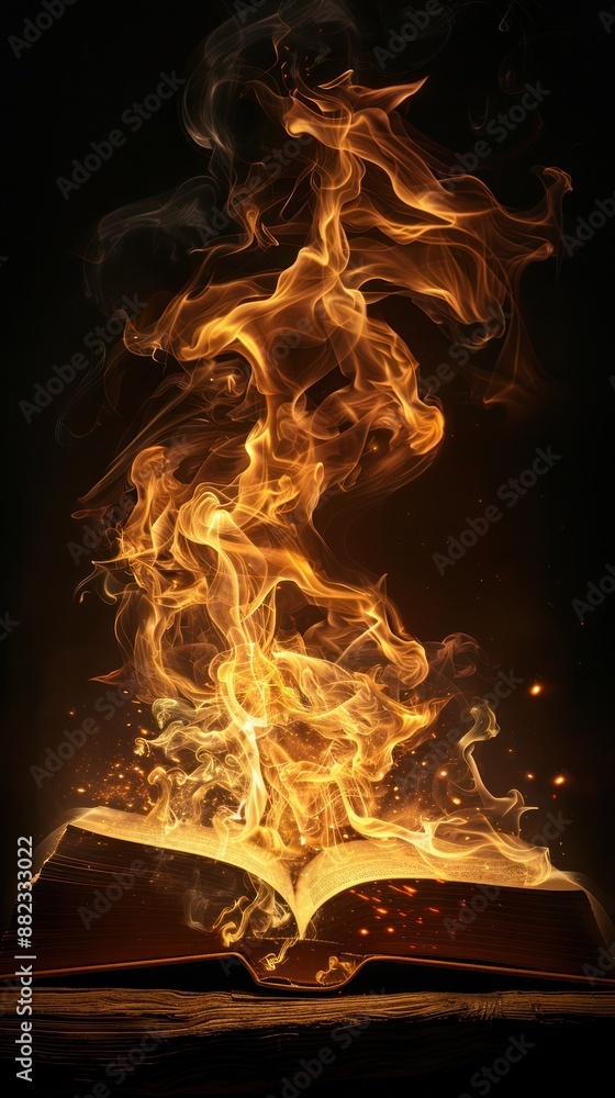 Fototapeta premium A mystical scene of an open book with flames rising from its pages, symbolizing knowledge, magic, and the power of literature.