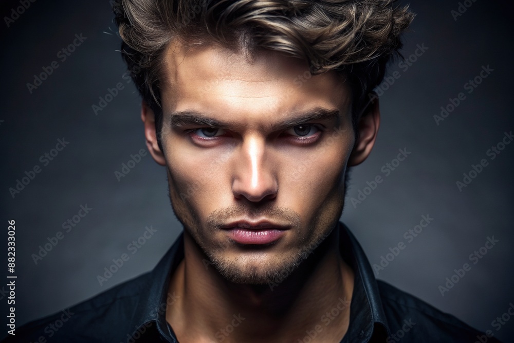 Dark background highlights strong facial features of a determined young ...