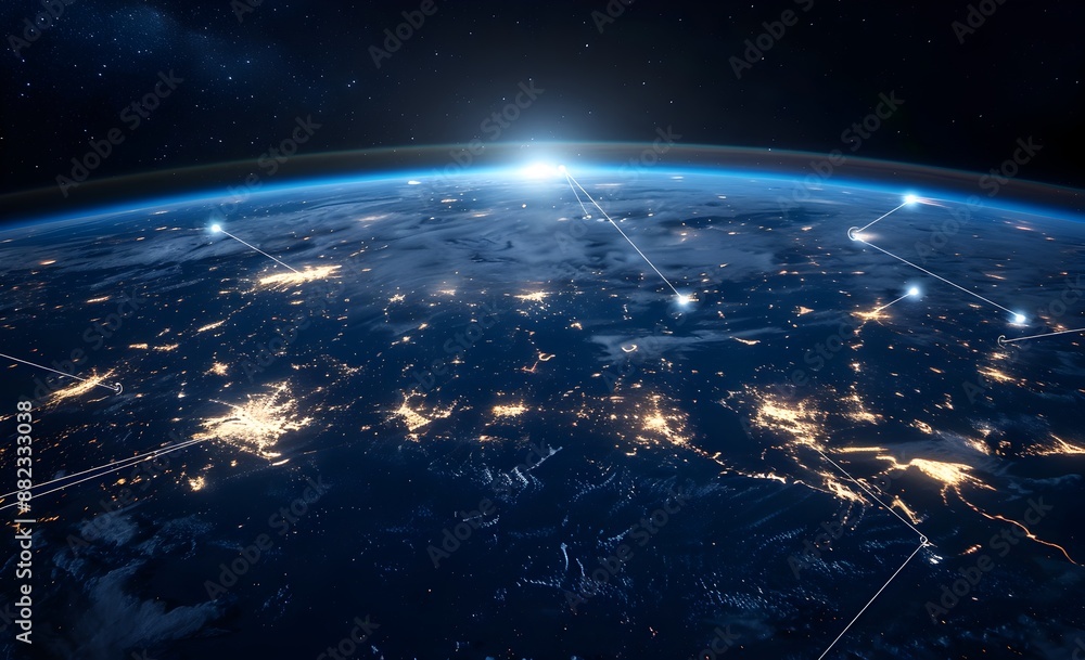 Obraz premium A wide shot of the Earth from space, with glowing city lights forming lines and connections across its surface, symbolizing global connectivity and technology's role in connecting people around the wo