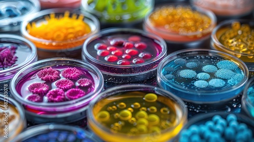 Colorful Petri Dishes with Growing Cultures