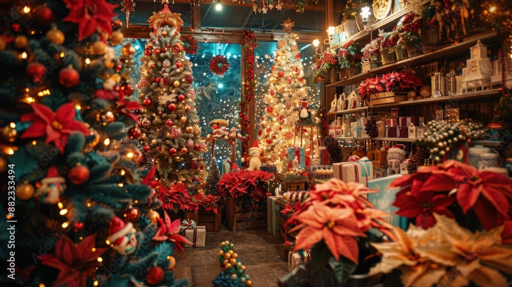 Cozy Christmas shop filled with decorated trees, festive lights, and holiday decorations, creating a warm and magical atmosphere. Cozy Christmas shop filled with decorated trees, festive lights, and holiday decorations, creating a warm and magical atmosphere.