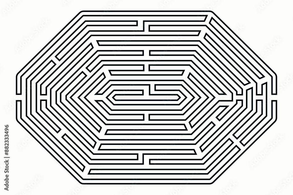 Complex labyrinth (maze) vector. Labyrinth game illustration. Irregular polygon shape Complex labyrinth (maze) vector. Labyrinth game illustration. Irregular polygon shape