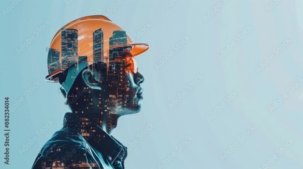 Double exposure of engineer wearing helmet and cityscape on blue background with copy space, Engineer and buildings under construction Double exposure of engineer wearing helmet and cityscape on blue background with copy space, Engineer and buildings under construction