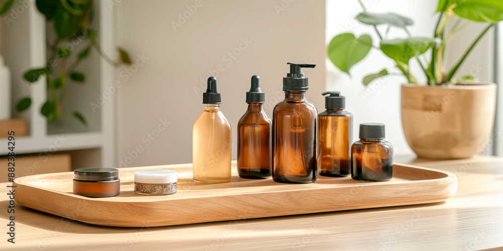 Amber glass skincare bottles on a wooden tray with plants in the background Amber glass skincare bottles on a wooden tray with plants in the background