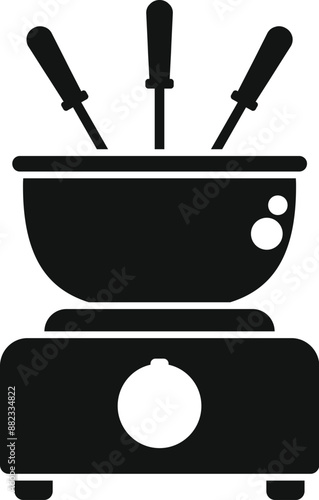 Black and white icon of a fondue pot warming melted chocolate on a burner