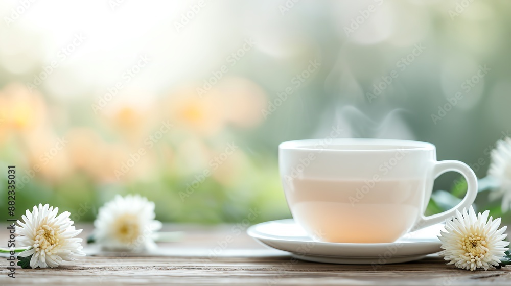 A warm, steaming cup of tea placed on a wooden table, surrounded by delicate white flowers. The soft background and gentle steam evoke a sense of calm and comfort. A warm, steaming cup of tea placed on a wooden table, surrounded by delicate white flowers. The soft background and gentle steam evoke a sense of calm and comfort.