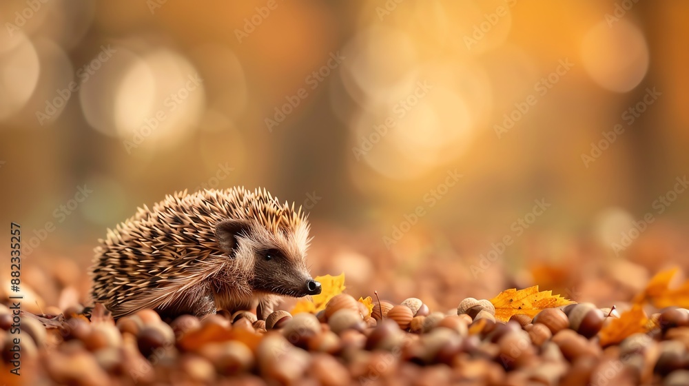 Cute hedgehog exploring autumn forest scene with acorns and colorful leaves on the ground in a warm, serene setting, golden bokeh background. Cute hedgehog exploring autumn forest scene with acorns and colorful leaves on the ground in a warm, serene setting, golden bokeh background.