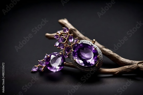 Jewelry pendant witht gem amethyst on twig, black background. photo