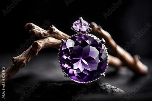 Jewelry pendant witht gem amethyst on twig, black background.