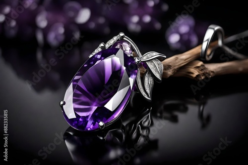 Jewelry pendant witht gem amethyst on twig, black background.