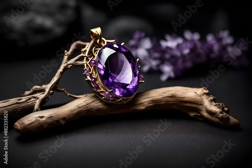 Jewelry pendant witht gem amethyst on twig, black background.