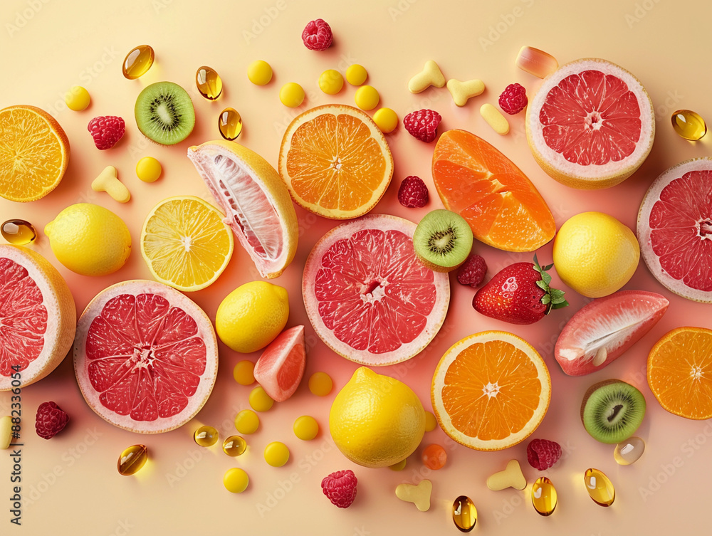 Fresh Citrus Fruits, Berries, and Kiwi Slices on a Peach Background Fresh Citrus Fruits, Berries, and Kiwi Slices on a Peach Background