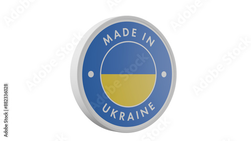 Made in Ukraine. Circle country flag product label round pinback button banner simple. Transparent backgound. 3d rendered with alpha channel. Round shape. photo