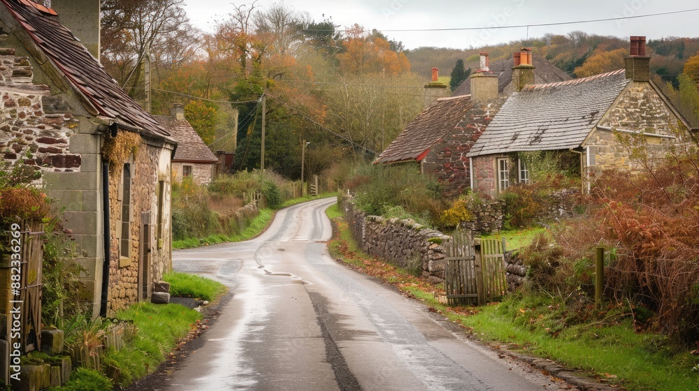Country lane with quaint farmhouses. Country lane with quaint farmhouses.