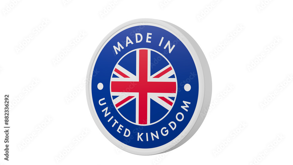 Made in United Kingdom, UK. Circle country flag product label round pinback button banner simple. Transparent backgound. 3d rendered with alpha channel. Round shape. Made in United Kingdom, UK. Circle country flag product label round pinback button banner simple. Transparent backgound. 3d rendered with alpha channel. Round shape.