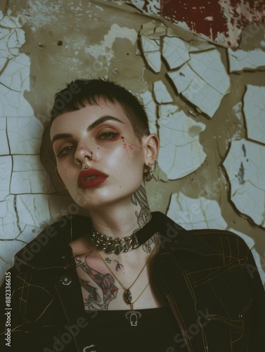 Young punk female with piercings and tattoos on wall background photo