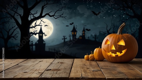 Wooden Table with Halloween Background for Halloween Product Sale And Display