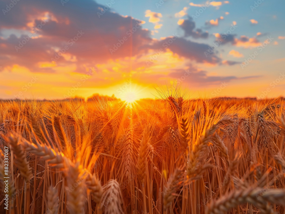 Golden Wheat Field at Sunset With Red Sky and Clouds Golden Wheat Field at Sunset With Red Sky and Clouds