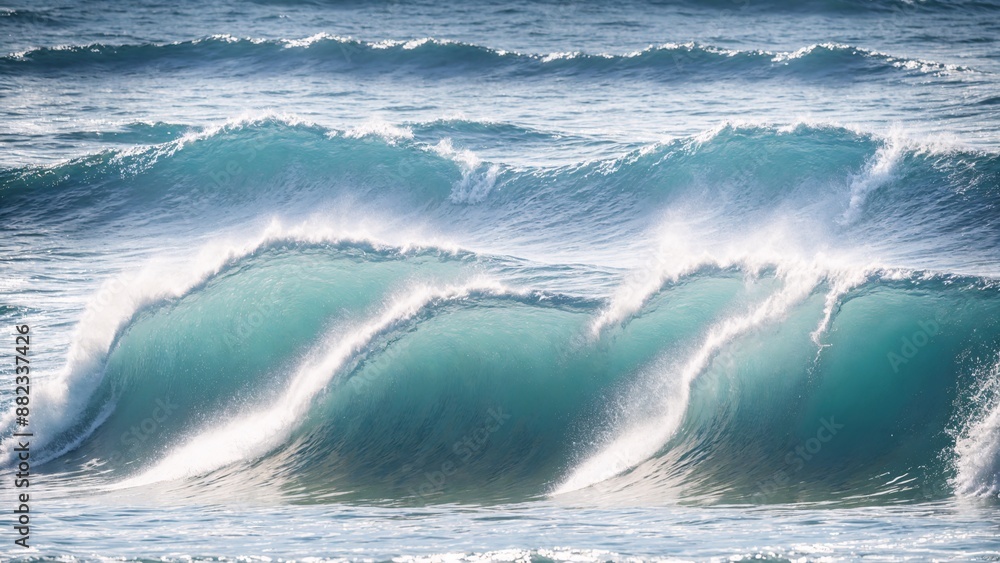 Huge ocean wave crashes on shore, white foam exploding, blue water meets golden sand, sky and sea merge in powerful display of nature's energy Huge ocean wave crashes on shore, white foam exploding, blue water meets golden sand, sky and sea merge in powerful display of nature's energy