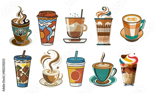 Set of different watercolor coffee cups illustrations. Espresso, cappuccino, americano, latte, takeaway coffee clipart. Vector colored outline drawing isolated on transparent background.