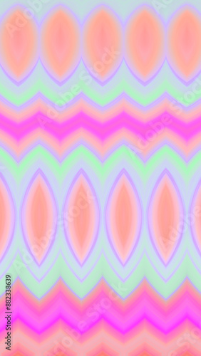Abstract fluorescent geometric vertical background 8K 9:16. Vintage pattern of zigzag lines curved stripes in neon green, magenta pink, fade orange, lilac. Repeated elements mosaic. Retro ornament