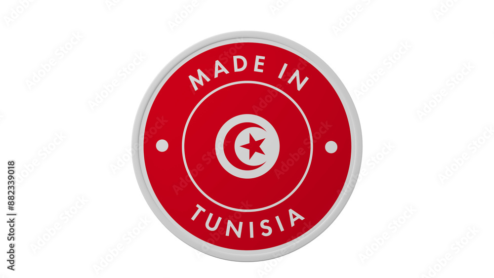 Made in Tunisia . Circle country flag product label round pinback button banner simple. Transparent backgound. 3d rendered with alpha channel. Round shape. Made in Tunisia . Circle country flag product label round pinback button banner simple. Transparent backgound. 3d rendered with alpha channel. Round shape.