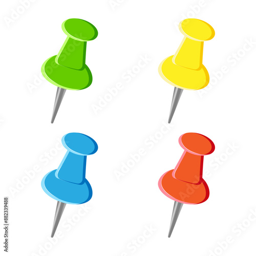 Set of multi-colored Pushpins on white background. Back to school. Concept for school, office, education, banner, poster, social media, web, advertising, sale.Vector illustration Eps 10