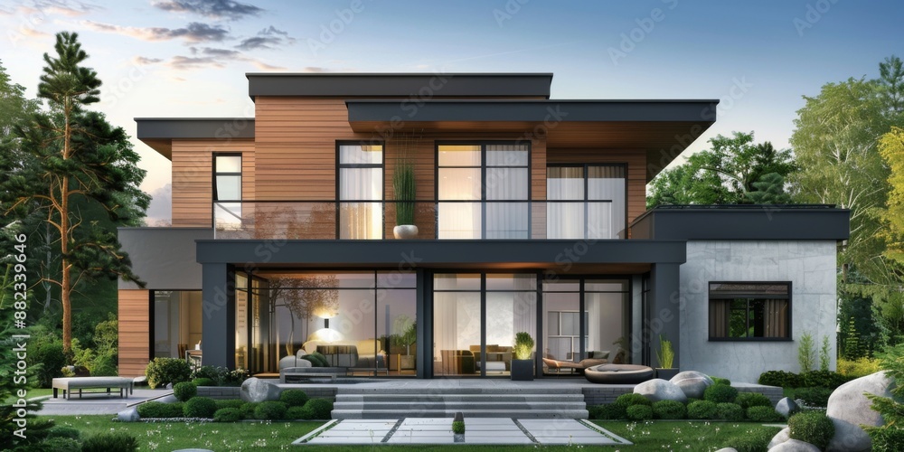 Fototapeta premium Contemporary Home with a For Sale Sign: Emblematic of Real Estate Market Research and the Property Purchasing Journey for Aspiring Homebuyers