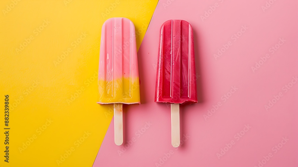 Ice popsicle ice cream on pink and mustard background Ice popsicle ice cream on pink and mustard background