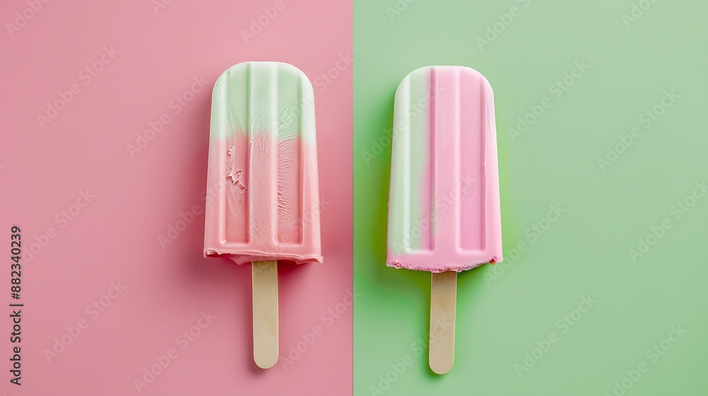 Ice popsicle ice cream on pink and green background Ice popsicle ice cream on pink and green background