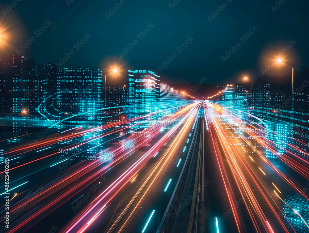Futuristic cityscape with digital stream data overlay and light trails. Futuristic cityscape with digital stream data overlay and light trails.