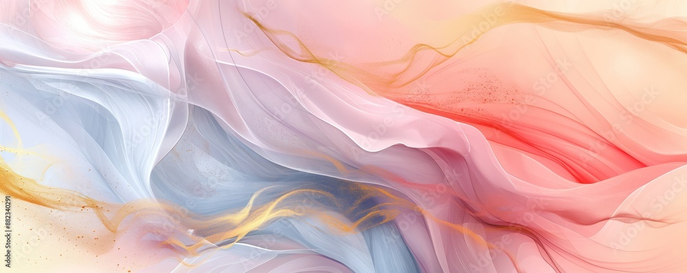 Obraz premium Abstract landscape with marble and gold swirls, pastel colors, fluid lines, dreamy atmosphere, ink art, fantasy style, high resolution. 