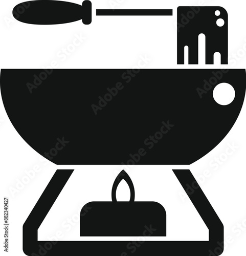 Black silhouette icon of a fondue pot heating on a burning candle with a long fork dipping food