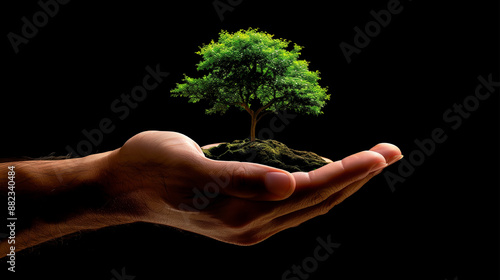 A hand holding a small tree in a dirt pot. Concept of nurturing and growth, as the person is taking care of the plant